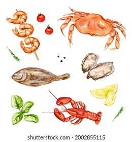 Seafood. Crab, shrimps, fish, mussels, lobster, lemon, tomatoes. Watercolor hand drawn illustration isolated on background.