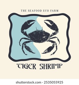 Impresión de la camiseta del cangrejo de los mariscos, olas del mar, pescando, diseño del grunge del Vector. Gráfico del Vector de la universidad del cangrejo de los mariscos, diseño de impresión de la camiseta de la vendimia de los gráficos de la comida retro, ilustraciones del Vector del cangrejo para el gráfico de la camiseta de la ropa