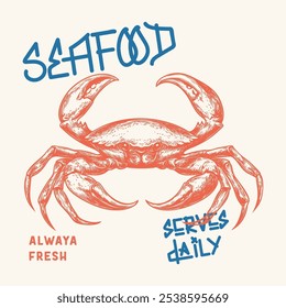 Seafood Crab t-shirt print, sea waves, fishing, vector grunge design. Seafood Crab Varsity Vector Graphic, Retro food graphics vintage tee print design, Crab vector artwork for apparel t-shirt graphic