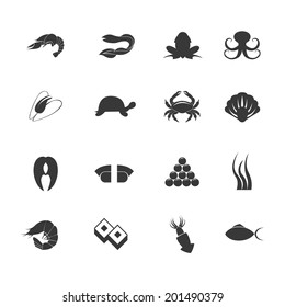Seafood cuisine menu salmon fish and shellfish dishes elements symbols graphic icons set abstract isolated vector illustration