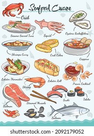 Seafood cuisine set Seafood vector illustrations. Fishes, sushi rolls, oysters, mussels, lobster, squid, octopus, crabs, prawns, fish fillet, luminaria and seaweeds. Seafood animals doodled style.