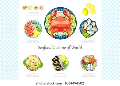 Seafood Cuisine of World, lobster, crab, shrimp, oyster, mussel, design element for banner or poster vector Illustration