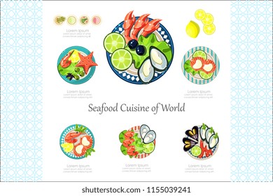 Seafood Cuisine of World, restaurant delicious dish, design element for banner or poster vector Illustration on a white background