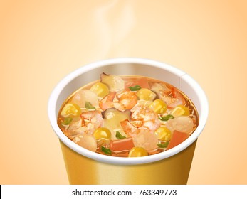 Seafood Cup Noodles, instant noodles product in 3d illustration, elevated view for attractive ingredients