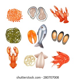 Seafood decorative icons set with caviar lobster fish seaweed isolated vector illustration