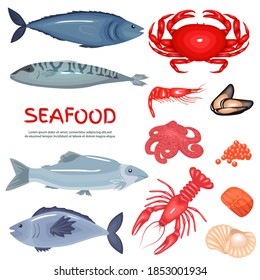 Seafood and seafood delicacies background set. Fish products, flat icons big set. Vector set of icons of mussels, shrimp, squid, octopus, lobster, crabs, oysters, tuna, caviar. Vector illustration