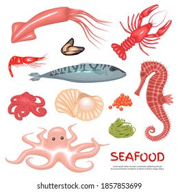 Seafood delicacies background set. Fish products, flat icons big set. Vector set of icons of mussels, shrimp, squid, octopus, lobster, crabs, oysters, tuna, caviar. Vector illustration
