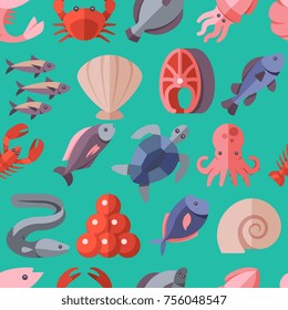Seafood delicacies and cooking fish vector flat icons seamless background colored on green background illustration