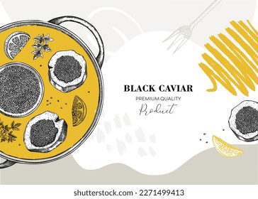 Seafood delicacy abstract banner design in collage style for restaurant menu. Hand-drawn tray with canned caviar, black caviar canape, lemons, and spices illustrations. Finger food sketched background