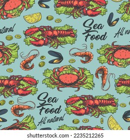 Seafood delicacy colorful seamless pattern fresh organic ocean-caught crabs and lobsters and sea prawns with mussels for dinner vector illustration