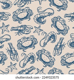 Seafood delicacy monochrome seamless pattern with marine crayfish and crabs with shrimps and starfish for decorating fish restaurants vector illustration