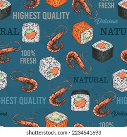Seafood delicacy seamless pattern colorful maki and shrimp from natural products for food delivery service or restaurant vector illustration