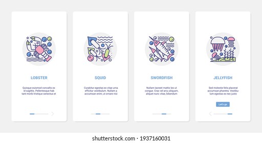 Seafood delicious fish ingredients vector illustration. UX, UI onboarding mobile app page screen set with line fish food restaurant menu with lobster squid swordfish jellyfish symbol collection