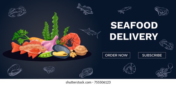 Seafood delivery banner with colorful icons of fish, mussels, salmon, shrimp, eco nutrition concept, diet menu vector illustration 