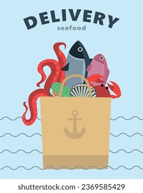 Entrega de marisco. Paquete de entrega de pescado fresco. Negocios marítimos. Enfermedad plana vectorial aislada