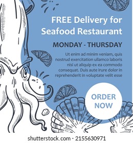 Seafood delivery, order now. Tasty and nutritious meal, seaweed and octopus meal. Free service for restaurants and cafes. Discounts and sales. Monochrome sketch outline, vector in flat style