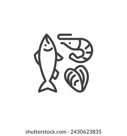 Seafood department line icon. linear style sign for mobile concept and web design. Fish shrimp and oyster outline vector icon. Symbol, logo illustration. Vector graphics