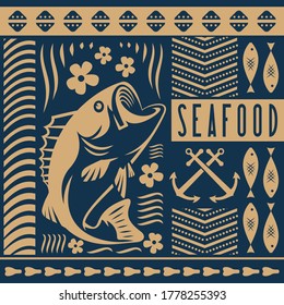 Seafood design concept with bass fish. Vector illustration