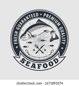 Seafood design concept with jumping salmon fish. Premium Quality Fish Label. Vector illustration