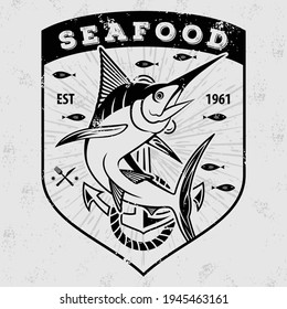 Concepto de diseño de mariscos con peces Marlin. Ilustración del vector