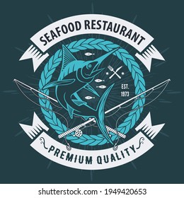 Concepto de diseño de mariscos con peces Marlin. Ilustración del vector