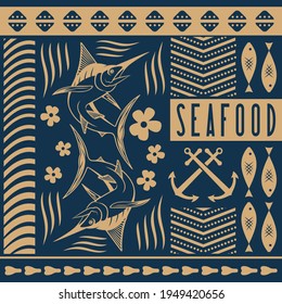 Seafood design concept with Marlin fish. Vector illustration