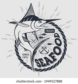 Concepto de diseño de mariscos con peces Marlin. Ilustración del vector