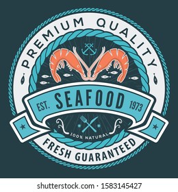 Seafood design concept. Premium Quality Fish Label with Shrimp. Vector illustration