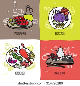 Seafood design concept set with salmon exotic fish lobster set sushi and roll flat isolated vector illustration 