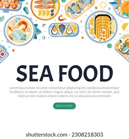Diseño de mariscos con pescado y mariscos servidos en plantilla vectorial de placa