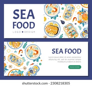 Diseño de mariscos con pescado y mariscos servidos en plantilla vectorial de placa