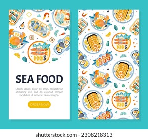 Seafood Design with Fish and Shellfish Dish Served on Plate Vector Template