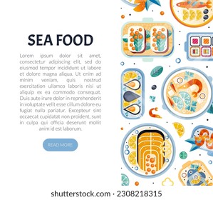 Seafood Design with Fish and Shellfish Dish Served on Plate Vector Template