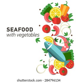 Seafood design set. Infographic food business seafood flat lay idea. Vector illustration hipster concept can be used for layout, advertising and web design. Seafood menu for restaurant. Background