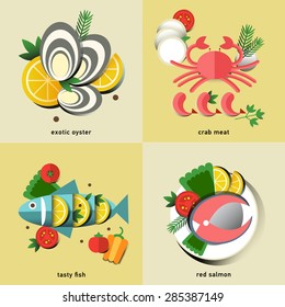 Seafood design set. Infographic food business seafood flat lay idea. Vector illustration hipster concept can be used for layout, advertising and web design. Seafood menu for restaurant.Infographics