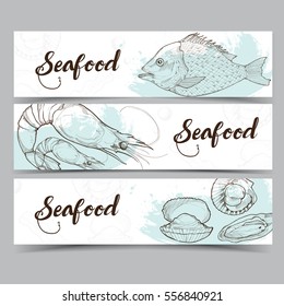 Seafood design template, banners set. Seafood vector illustration 