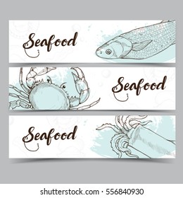 Seafood design template, banners set. Seafood vector illustration 