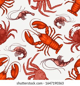 Seafood design template. Hand drawn vector seafood illustration. Engraved style food banner. Vintage sea animals background