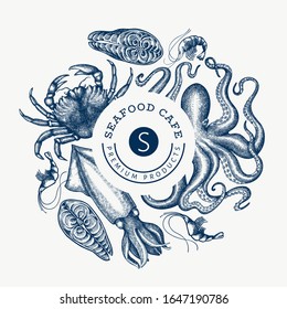 Seafood design template. Hand drawn vector seafood illustration. Engraved style food banner. Vintage sea animals background