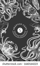 Seafood design template. Hand drawn vector seafood illustration on chalk board. Engraved style food banner. Vintage sea animals background