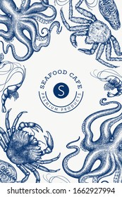 Seafood design template. Hand drawn vector seafood illustration. Engraved style food banner. Retro sea animals background