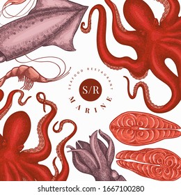 Plantilla de diseño de mariscos. Dibujo manual de mariscos vectoriales. Pancarta de comida grabada. Fondo de animales marinos de época