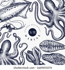Muster für Meeresfrüchte. Handgezeichnete Vektorillustration Meeresfrüchte Illustration. Stilbanner für Lebensmittel. Vintage-Meerestiere, Hintergrund