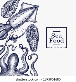 Seafood design template. Hand drawn vector seafood illustration. Engraved style food banner. Vintage sea animals background