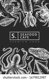 Seafood design template. Hand drawn vector seafood illustration on chalk board. Engraved style food banner. Vintage sea animals background