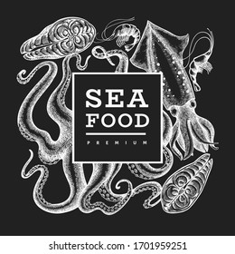 Seafood design template. Hand drawn vector seafood illustration on chalk board. Engraved style food banner. Vintage sea animals background