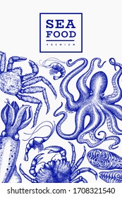 Seafood design template. Hand drawn vector seafood illustration. Engraved style food banner. Vintage sea animals background