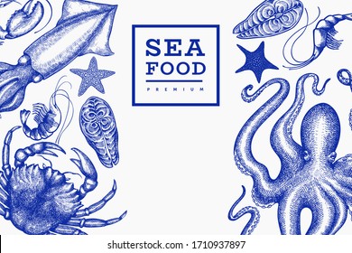 Plantilla de diseño de mariscos. Dibujo manual de mariscos vectoriales. Pancarta de comida grabada. Fondo de animales marinos de época