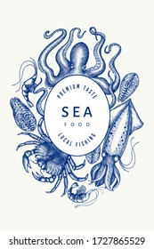 Seafood design template. Hand drawn vector seafood illustration. Engraved style food banner. Retro sea animals background