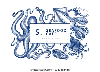 Seafood design template. Hand drawn vector seafood illustration. Engraved style food banner. Retro sea animals background